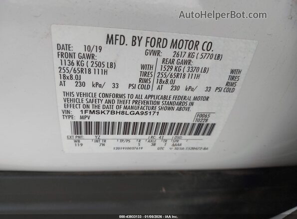 1FMSK7BH8LGA95171 2020 FORD FORD EXPLORER Белый Вид подкапотного пространства