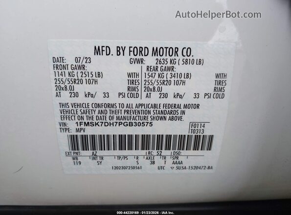 1FMSK7DH7PGB30575 2023 FORD FORD EXPLORER White Vista del compartimento del motor