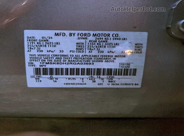 1FMSK8DH2RGA03693 2024 FORD FORD EXPLORER Silver VIN კოდის სტიკერის ხედი