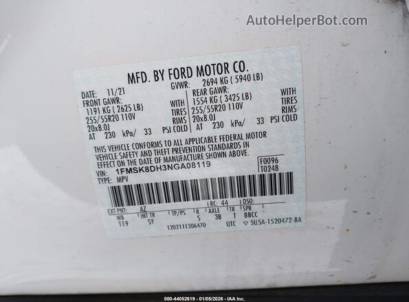 1FMSK8DH3NGA08119 2022 FORD FORD EXPLORER White Շարժիչի բաժամունքի տեսք