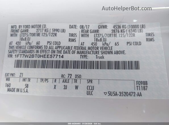1FT7W2BT0HEE57714 2017 FORD F-250 White Вид підкапотного простору