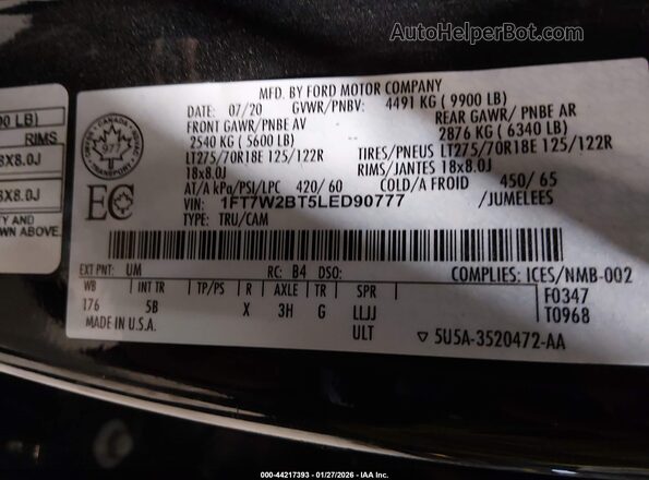 1FT7W2BT5LED90777 2020 FORD F-250 Black Vista del compartimento del motor
