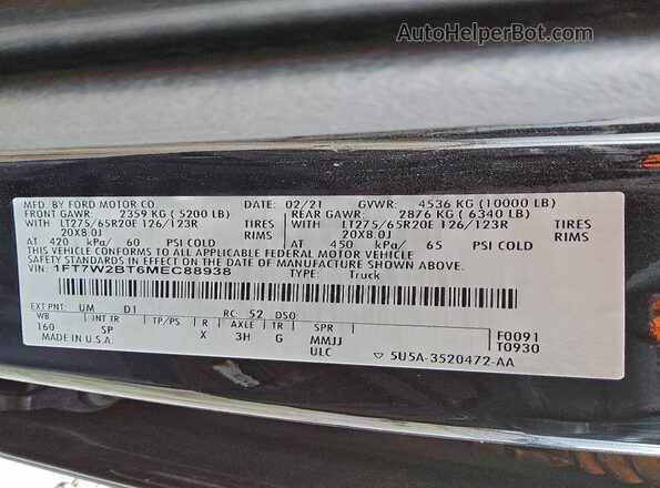 1FT7W2BT6MEC88938 2021 FORD F250 Black VIN კოდის სტიკერის ხედი