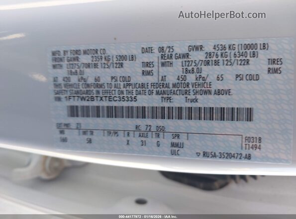 1FT7W2BTXTEC35335 2026 FORD F-250 White Vista del compartimento del motor