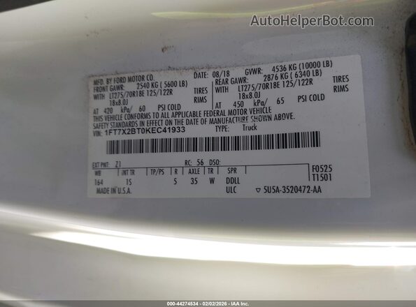 1FT7X2BT0KEC41933 2019 FORD F-250 White Vista del compartimento del motor