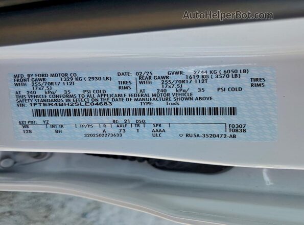 1FTER4BH2SLE04683 2025 FORD RANG Белый Вид наклейки с VIN-кодом