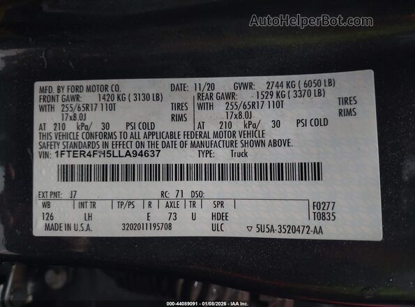 1FTER4FH5LLA94637 2020 FORD RANG Gray Vista del compartimento del motor