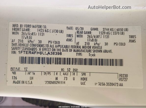1FTER4FH8LLA38398 2020 FORD RANG Белый Вид подкапотного пространства