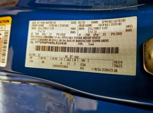 1FTER4PH6SLE23438 2025 FORD RANG Blue Vista del compartimento del motor