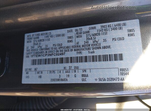 1FTEW1CP3NFC02497 2022 FORD F150 Gray ძრავის განყოფილების ხედი
