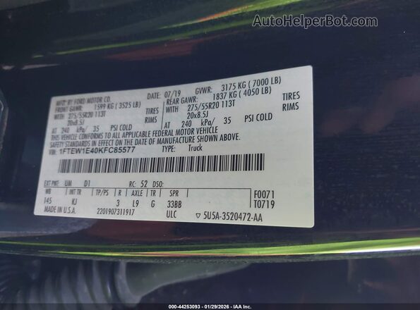 1FTEW1E40KFC85577 2019 FORD F150 Black Vista del compartimento del motor