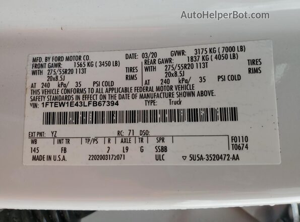 1FTEW1E43LFB67394 2020 FORD F150 White ძრავის განყოფილების ხედი