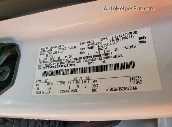 1FTEW1E59JFC81096 2018 FORD F150 Белый Вид подкапотного пространства