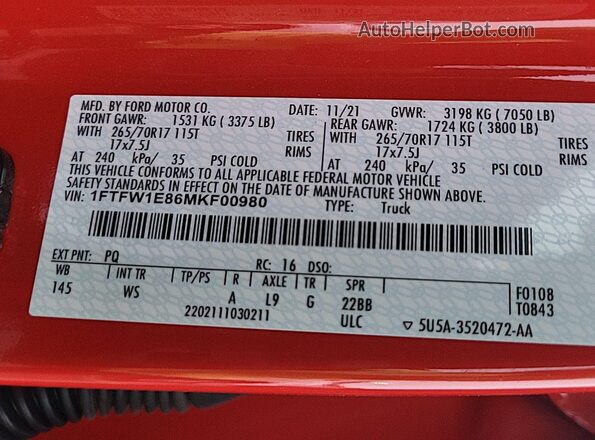 1FTFW1E86MKF00980 2021 FORD F150  