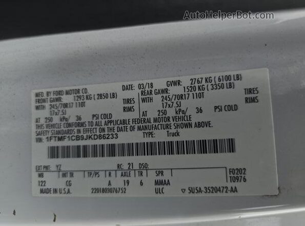 1FTMF1CB9JKD86233 2018 FORD F150 White 