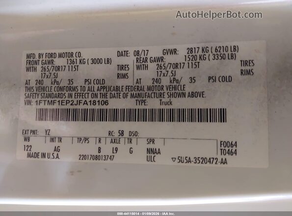 1FTMF1EP2JFA18106 2018 FORD F150 Белый Вид подкапотного пространства