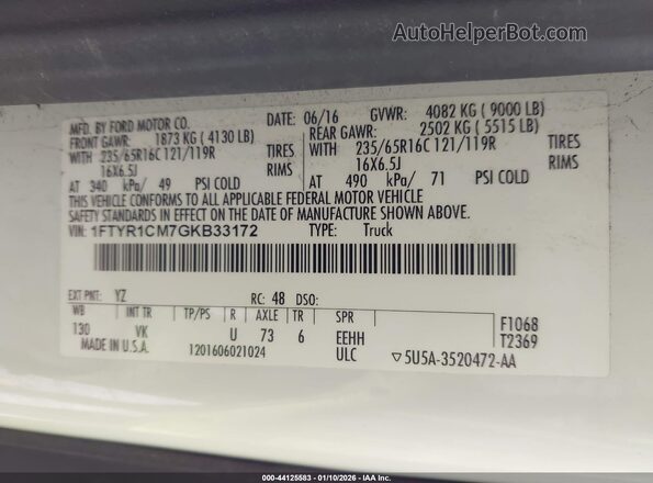 1FTYR1CM7GKB33172 2016 FORD TRANSIT-250 White Widok komory silnika