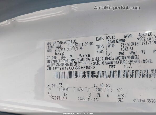 1FTYR1YGXGKA85539 2016 FORD TRANSIT-250 White Widok komory silnika