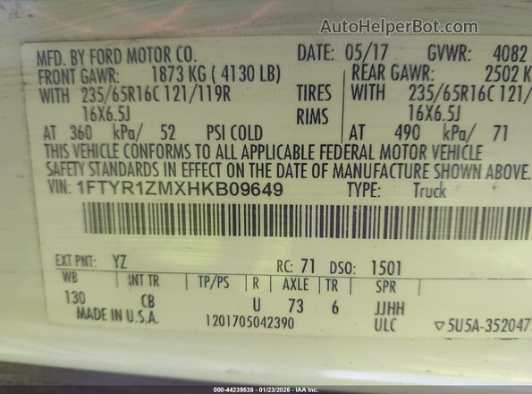 1FTYR1ZMXHKB09649 2017 FORD TRANSIT-250 Белый Вид подкапотного пространства