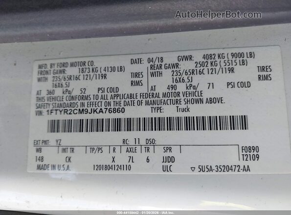 1FTYR2CM9JKA76860 2018 FORD TRANSIT-250 White Widok komory silnika