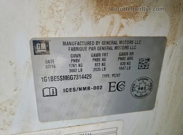 1G1BE5SM6G7314429 2016 CHEVROLET CRUZE White Widok komory silnika