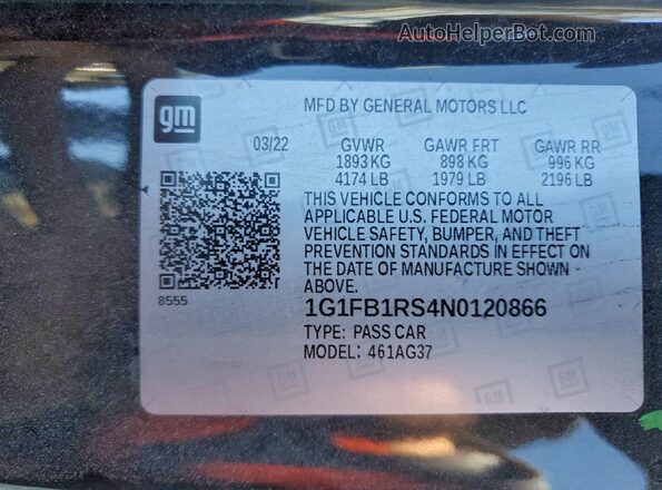 1G1FB1RS4N0120866 2022 CHEVROLET CAMARO Черный Вид наклейки с VIN-кодом