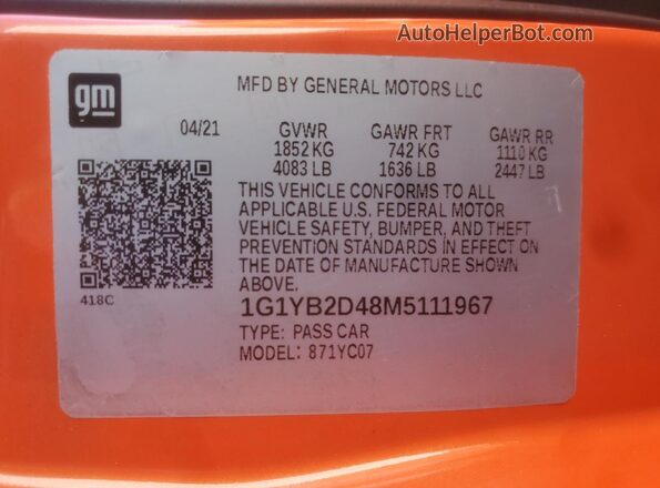 1G1YB2D48M5111967 2021 CHEVROLET CORVETTE Orange ძრავის განყოფილების ხედი
