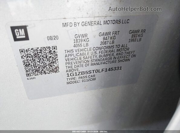 1G1ZB5ST0LF145331 2020 CHEVROLET MALIBU Silver ძრავის განყოფილების ხედი