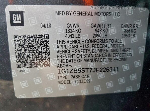 1G1ZB5ST7JF226341 2018 CHEVROLET MALIBU Charcoal Vista del compartimento del motor