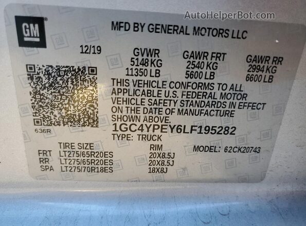 1GC4YPEY6LF195282 2020 CHEVROLET SILVERADO Silver Vista de la etiqueta del VIN