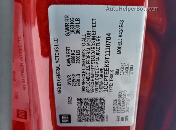 1GCPTEEK9T1110704 2026 CHEVROLET COLORADO Red Вид наклейки з VIN-кодом