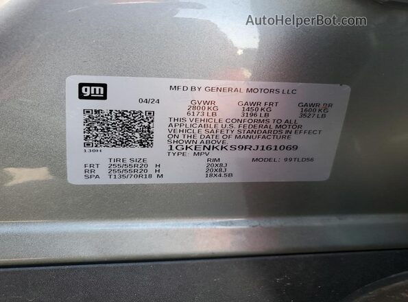 1GKENKKS9RJ161069 2024 GMC ACADIA Серебряный Вид наклейки с VIN-кодом