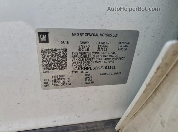 1GKKNPLS2KZ101141 2019 GMC ACADIA Белый Вид наклейки с VIN-кодом