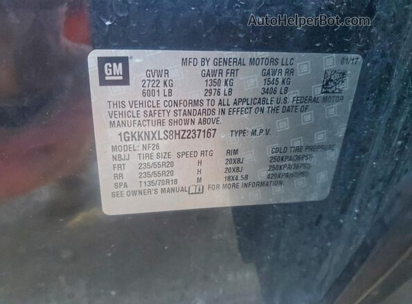 1GKKNXLS8HZ237167 2017 GMC ACADIA Черный Вид наклейки с VIN-кодом