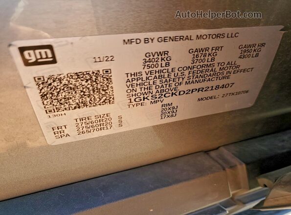 1GKS2CKD2PR218407 2023 GMC YUKON Gray Вид наклейки з VIN-кодом