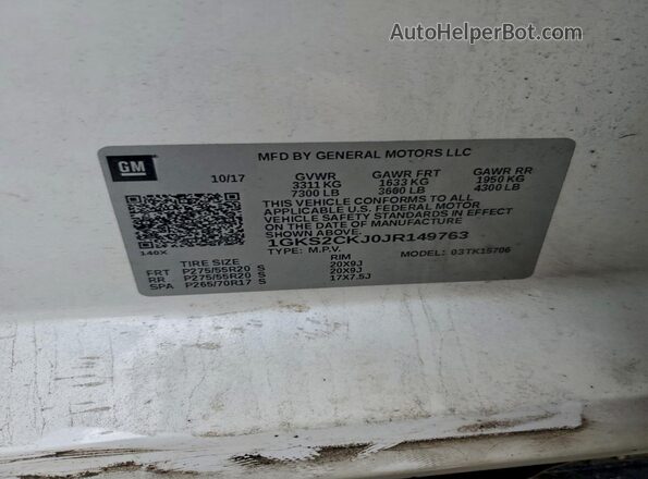1GKS2CKJ0JR149763 2018 GMC YUKON Белый Вид наклейки с VIN-кодом