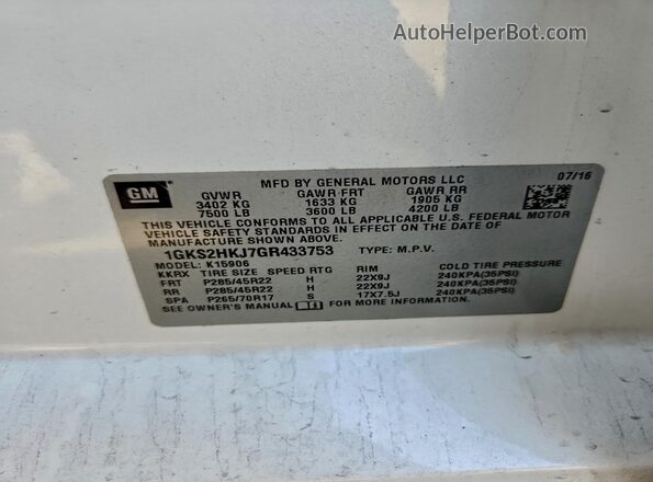 1GKS2HKJ7GR433753 2016 GMC YUKON Белый Вид наклейки с VIN-кодом
