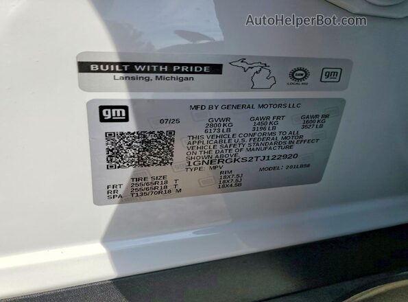 1GNERGKS2TJ122920 2026 CHEVROLET TRAVERSE Белый Вид наклейки с VIN-кодом