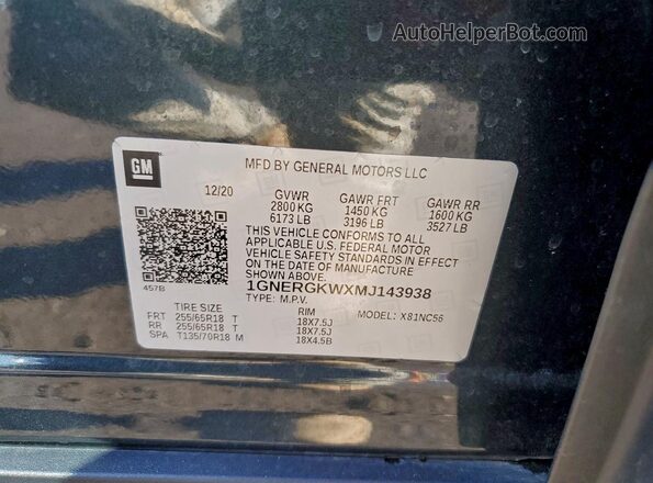 1GNERGKWXMJ143938 2021 CHEVROLET TRAVERSE Черный Вид наклейки с VIN-кодом