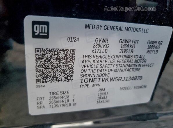 1GNETVKW5RJ134870 2024 CHEVROLET TRAVERSE Черный Вид наклейки с VIN-кодом