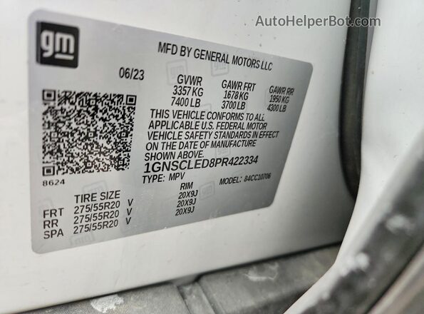 1GNSCLED8PR422334 2023 CHEVROLET TAHOE White Widok wnętrza 360 stopni