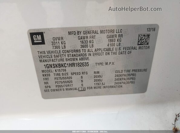 1GNSKBKC1HR182635 2017 CHEVROLET TAHOE Белый Вид подкапотного пространства