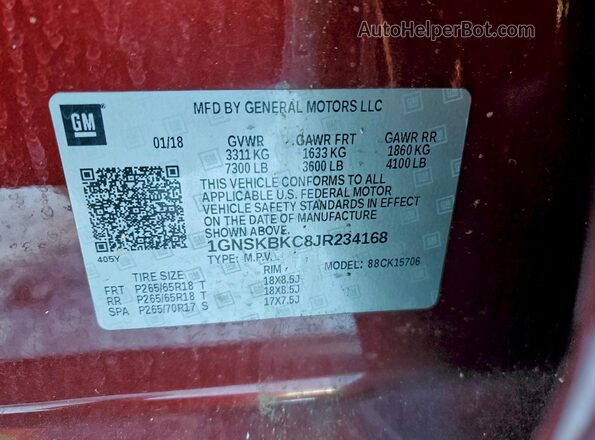 1GNSKBKC8JR234168 2018 CHEVROLET TAHOE Бордовый Панорамный вид салона 360°