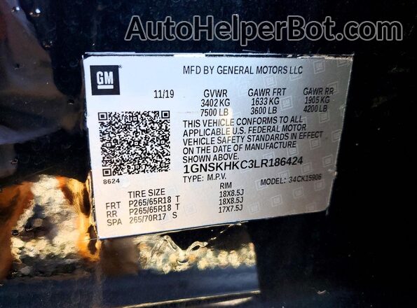 1GNSKHKC3LR186424 2020 CHEVROLET SUBURBAN Черный Вид наклейки с VIN-кодом