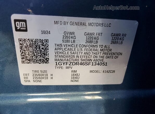 1GYFZDR46SF134051 2025 CADILLAC XT4 Blue Widok naklejki z numerem VIN