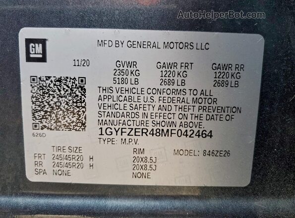1GYFZER48MF042464 2021 CADILLAC XT4 Угольный Панорамный вид салона 360°