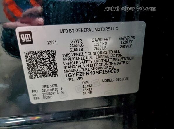 1GYFZFR40SF159099 2025 CADILLAC XT4 Синий Вид наклейки с VIN-кодом