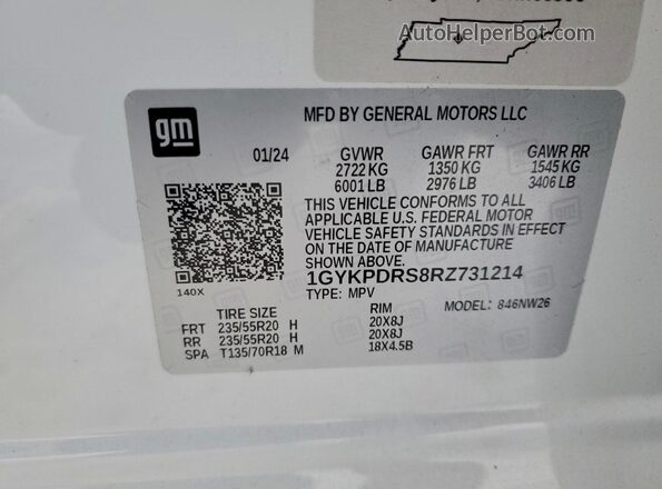 1GYKPDRS8RZ731214 2024 CADILLAC OTHER Белый Вид наклейки с VIN-кодом