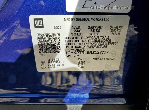 1GYKPTRL5RZ133777 2024 CADILLAC OTHER Синий Вид наклейки с VIN-кодом