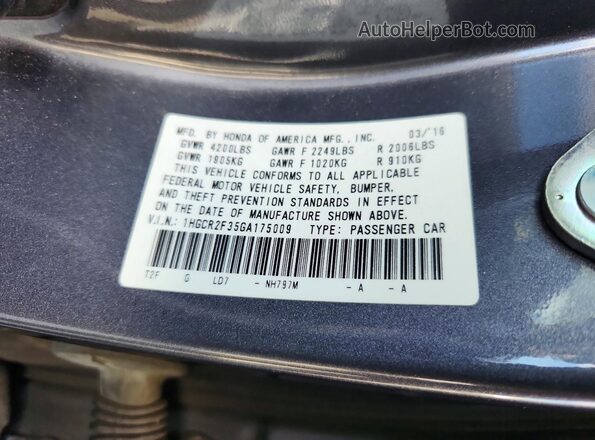 1HGCR2F35GA175009 2016 HONDA ACCORD Серый Вид подкапотного пространства